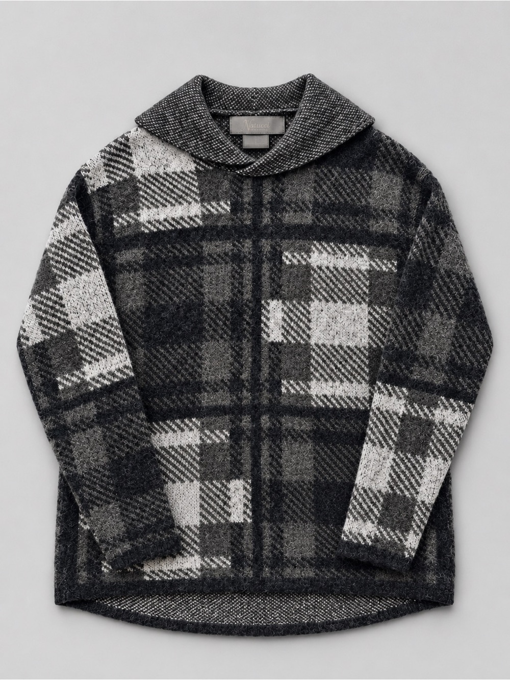 Natural Reflections Black & Gray Plaid Shawl-Collar Sweater